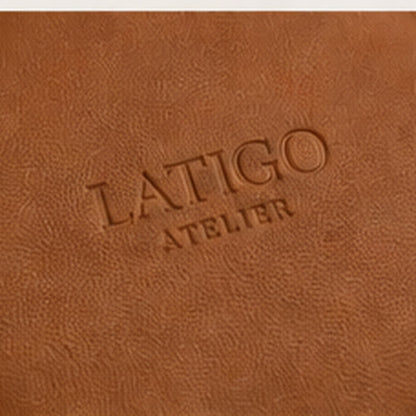 Embossed Latigo Atelier mark on saddle tan vegan leather